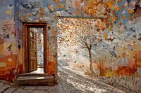 Porte et rue pleines de feuilles d'automne - peinture de rue rêveuse