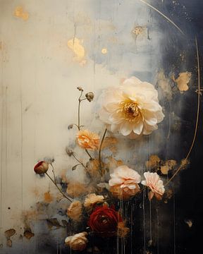Fleurs sur un fond abstrait dans le style wabi-sabi sur Carla Van Iersel