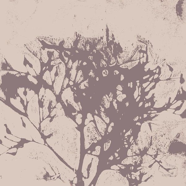 Botanical Japandi style art in pastel colors. Organic shape in red brown on beige by Dina Dankers