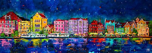 Handelskade bij nacht Curaçao van Happy Paintings / Renata Rolefes