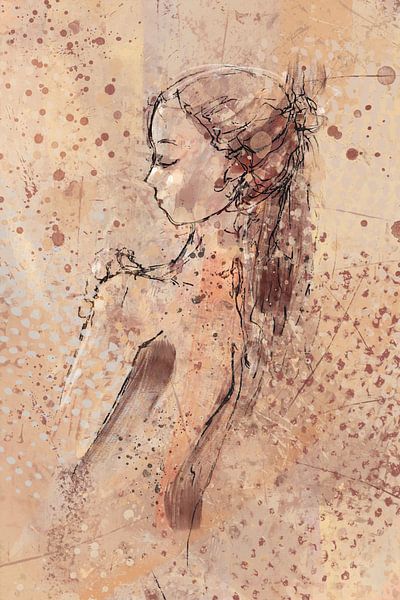 Mixed media - vrouwelijk naakt in creme en beige tinten van Emiel de Lange