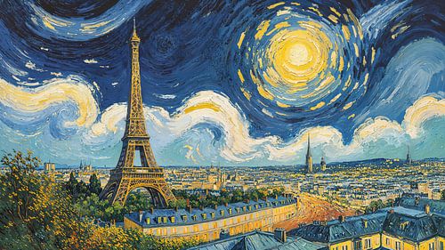 Van Gogh's Paris Skyline - A Starry Night on a Sunny Day