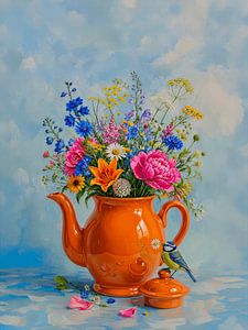 Farbenfrohes sommerliches Stillleben mit Blumen und einer Blaumeise