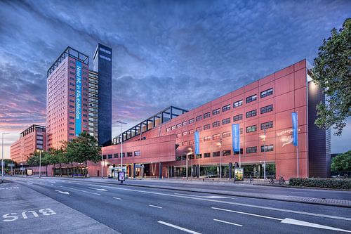 Interpolis headquarters Tilburg at twilight with a purple sky