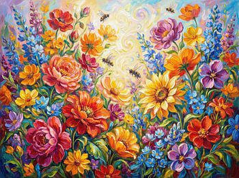 Ölgemälde von Blumen und Bienen
