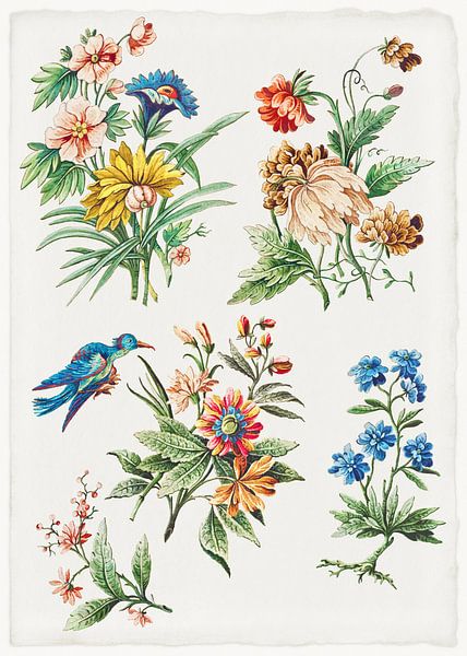 Blumenmuster mit einem blauen Vogel, Giacomo Cavenezia von Meisterhafte Meister