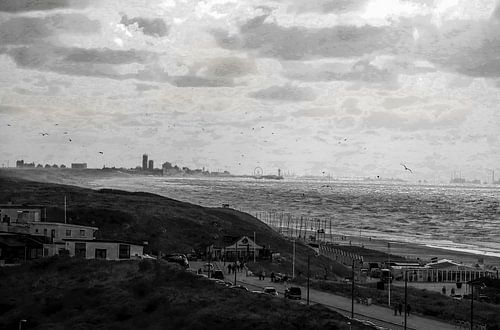 côte de katwijk depuis le phare noir et blanc rétro