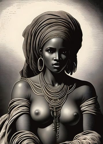 Etching semi-nude African woman with headscarf
