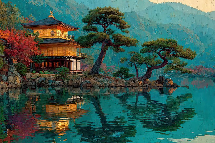 painting japanese temple by the water by Egon Zitter