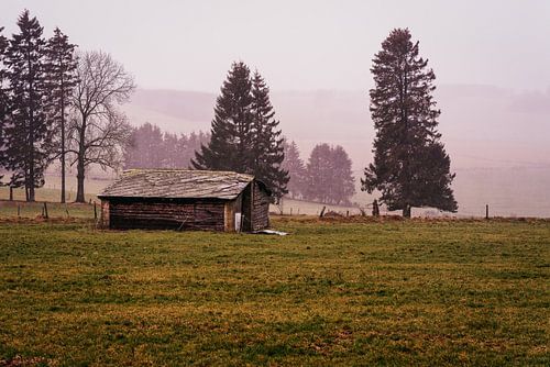 Een verlaten schuur op de heuvels van de Ardennen in België.