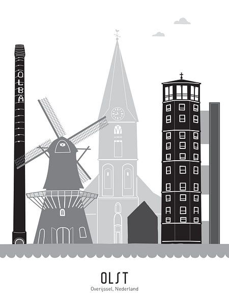 Illustration de la ligne d'horizon Olst en noir et blanc-gris par Mevrouw Emmer