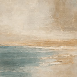 Abstrakte, minimalistische Küstenlandschaft in warmem Beige und Blau von STUDIO ARTSY