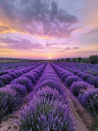 Ein symmetrischer Sonnenuntergang über strahlend violetten Lavendelfeldern von Artistic