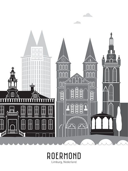 Illustration de la ligne d'horizon de la ville de Roermond en noir et blanc-gris par Mevrouw Emmer
