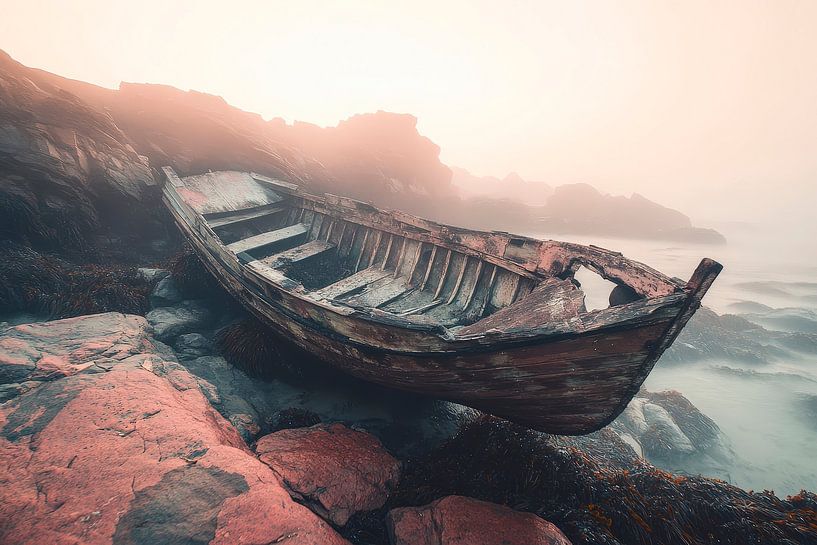 Verfallenes Boot am Strand – Nebelstimmung von Poster Art Shop