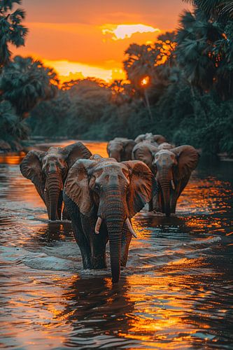 Olifantenfamilie steekt rivier over bij zonsondergang