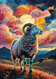 A Sheep with Colorful Sky