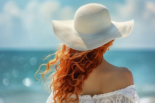 vrouw met hoed kijkt naar de zee