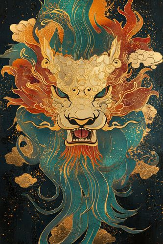 Frontale leeuwenkop met vurige manen in goud en blauw