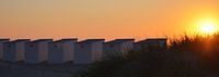 Coucher de soleil sur la côte belge, chalets de plage et dunes.
