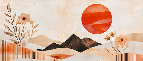 Mountain landscape with red sun and flowers