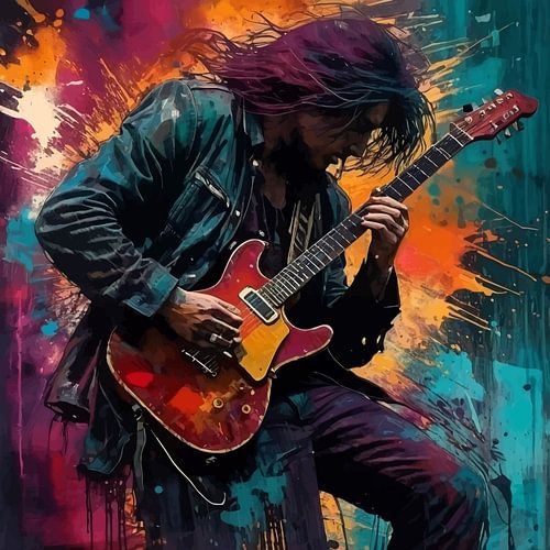 Dynamisch silhouet van een gitarist – Epische abstracte aquarelkunst