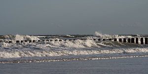 Panorama des Meeres bei Cadzand: Die Wellen schlagen an die Wellenbrecher