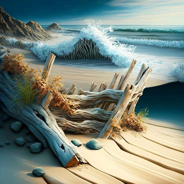 Strand Treibholz Kieselsteine Sand Wellen Gischt Meer Küste von gm_designs