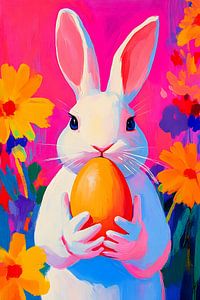 Fröhlicher Osterhase mit goldenem Ei