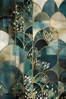 Abstract Painting With Leaves In Green And Gold