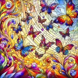 A flight of butterflies in stained glass style