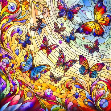 Ein Flug von Schmetterlingen im Stil der Glasmalerei