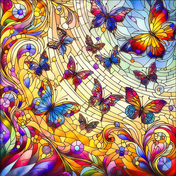 A flight of butterflies in stained glass style by Digital Art Nederland