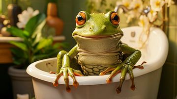 Rotäugiger Anime-Frosch in einer Badewanne im Badezimmer von Animaflora PicsStock