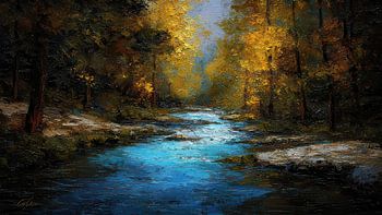 Impasto: herfstbos en rivierlandschap, olieverfschilderij