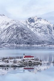 The Red Church by the Fjord in the Lofoten Islands by Manon Huls