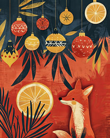 Christmas with a Fox and Christmas Baubles in a Cosy Retro Illustration by Eva Lee