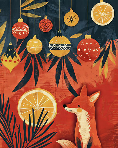 Weihnachten mit Fuchs und Weihnachtskugeln in einer gemütlichen Retro-Illustration von Eva Lee