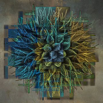 Abstract figuur met blauw en gele tinten van Carla van Zomeren