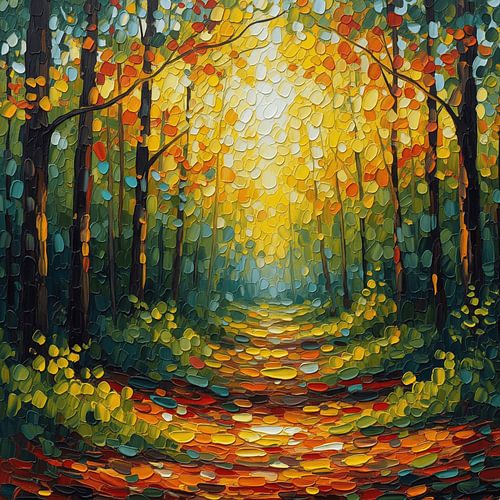 Zonovergoten pad: Een impressionistische reis door het herfstbos