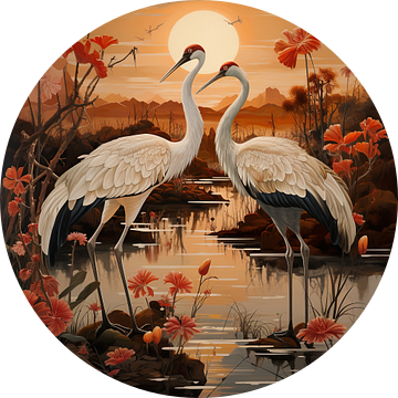 Kraanvogels Kunst Oranje van Blikvanger Schilderijen