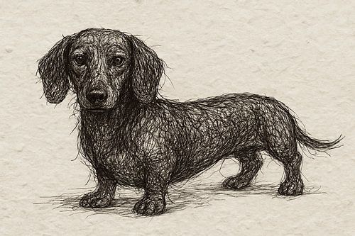 Draad portret van een teckel  (realistische tekening hond korte pootjes zwart wit huisdier)