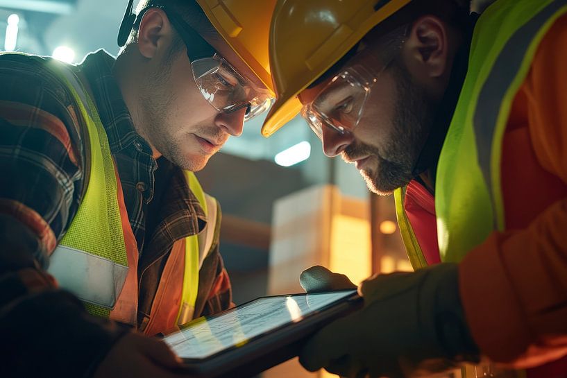 Bauarbeiter analysieren digitale Pläne von Poster Art Shop