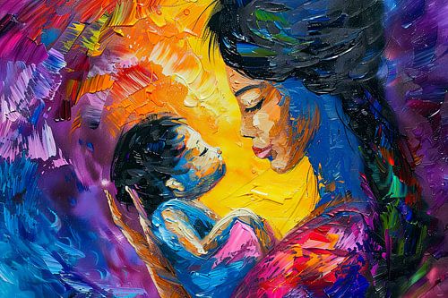 Digitaal abstract schilderachtig portret fictieve vrouw en kind