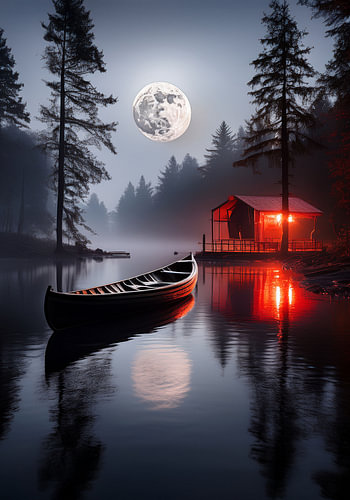 Een hut in het maanlicht aan een rustig meer