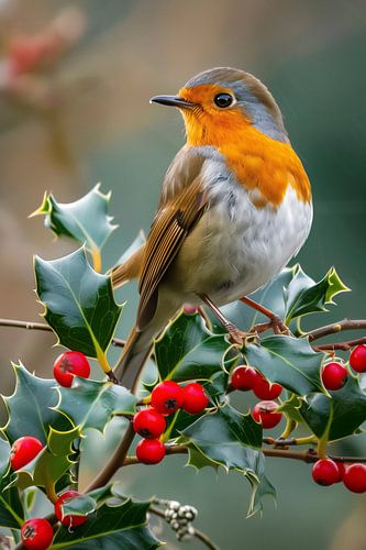 Robin with red berries