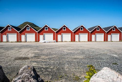 Noorse vissershuisjes op een rij op de Lofoten, fotoprint