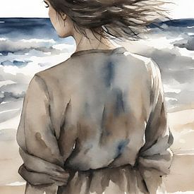 Bruinharige vrouw kijkt naar de zee, aquarel van Kim Karol / Ohkimiko