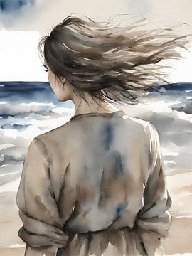 Bruinharige vrouw kijkt naar de zee, aquarel