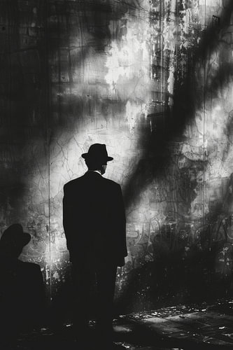 Homme au chapeau dans l'ombre : œuvre d'art cinématographique en noir et blanc